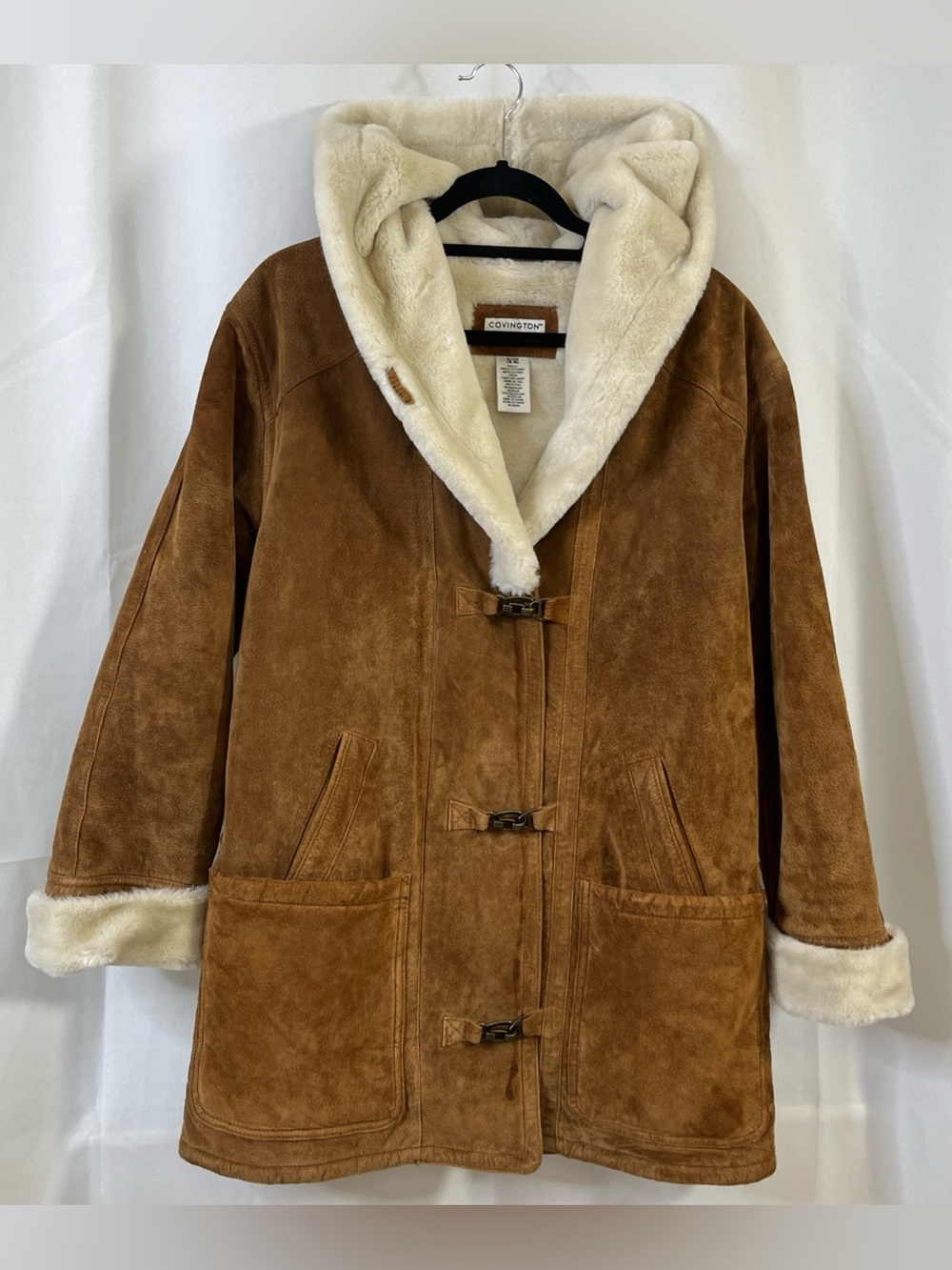 VTG Covington Womens Suede Hooded Jacket Faux Fur Lining Full Zip Clasp S (6-8)